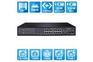 QAPE1601 16 Port 10/100 PoE+ Switch 350W with 2 Port 10/100/1000