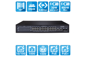 QAPE2401 24 Port 10/100 PoE+ Switch 400W with 2 Port 10/100/1000
