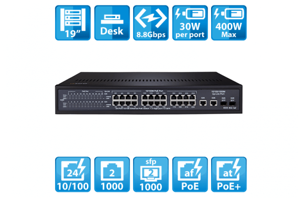 QAPE2401 24 Port 10/100 PoE+ Switch 400W with 2 Port 10/100/1000