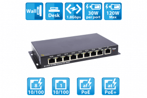QAPE801 8 Port 10/100 PoE+ Switch 120W with 1 Port 10/100