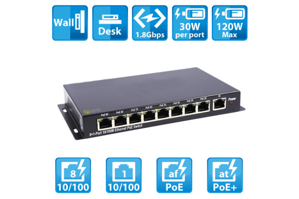 QAPE801 8 Port 10/100 PoE+ Switch 120W with 1 Port 10/100